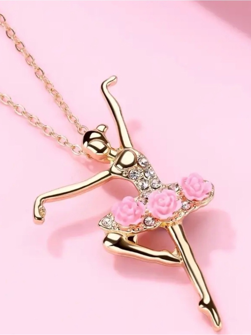 Gold Ballet Pink Floral Dancer Necklace.